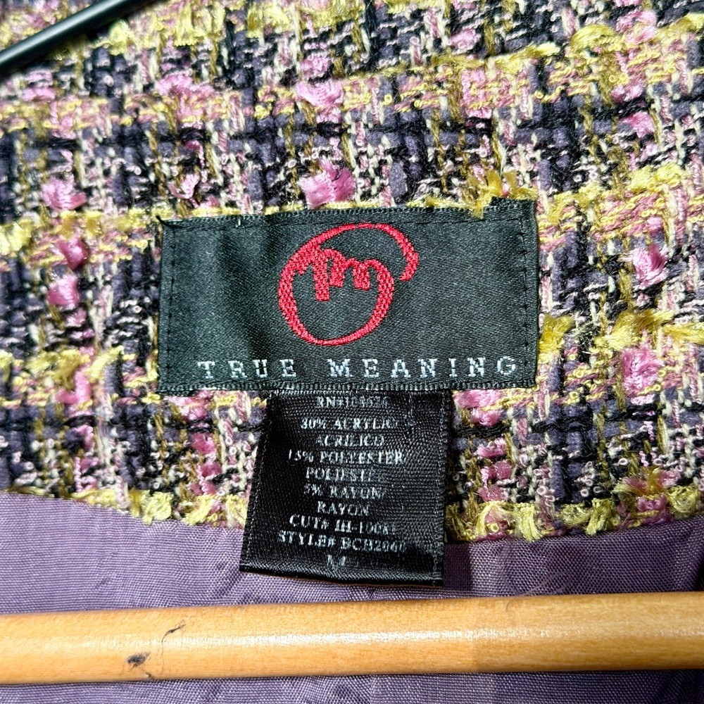 💜✨ True Meaning Tweed Blazer Purple Bouclé Frayed Trim Size M - Picture 6 of 8
